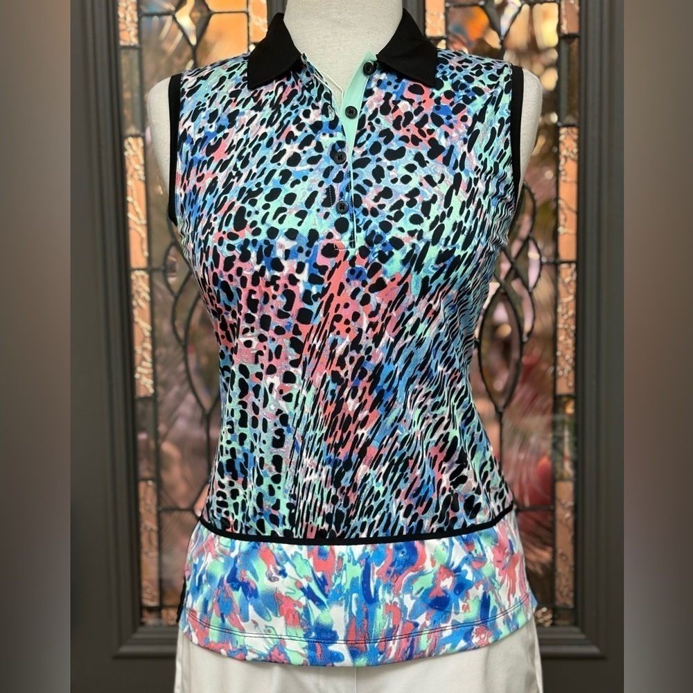 NWT- EP Pro Tour Tech Black Multi Paradise Found Golf/Tennis Polo